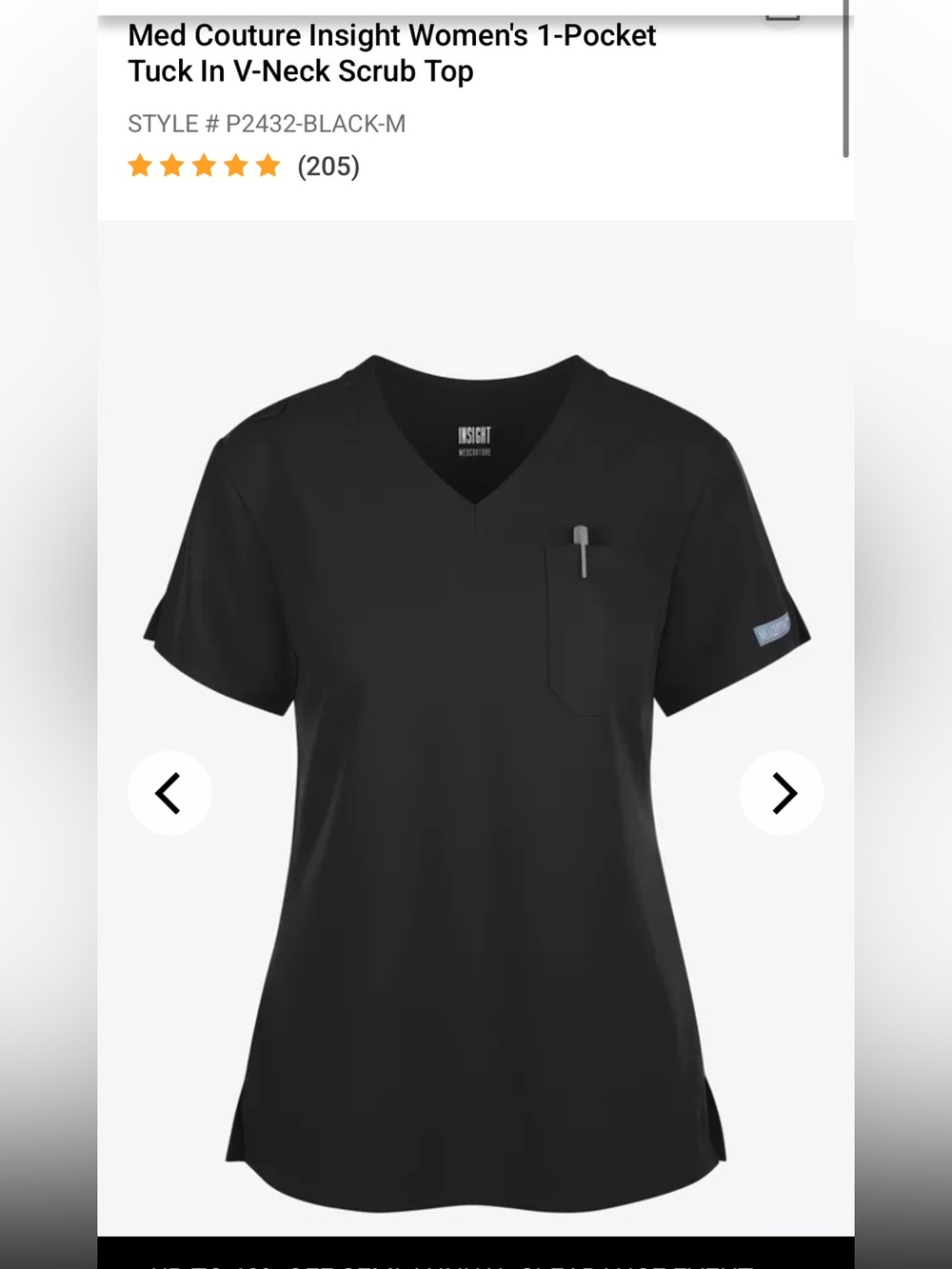 Med Couture Women's V-Neck 1-Pocket Scrub Top in Black